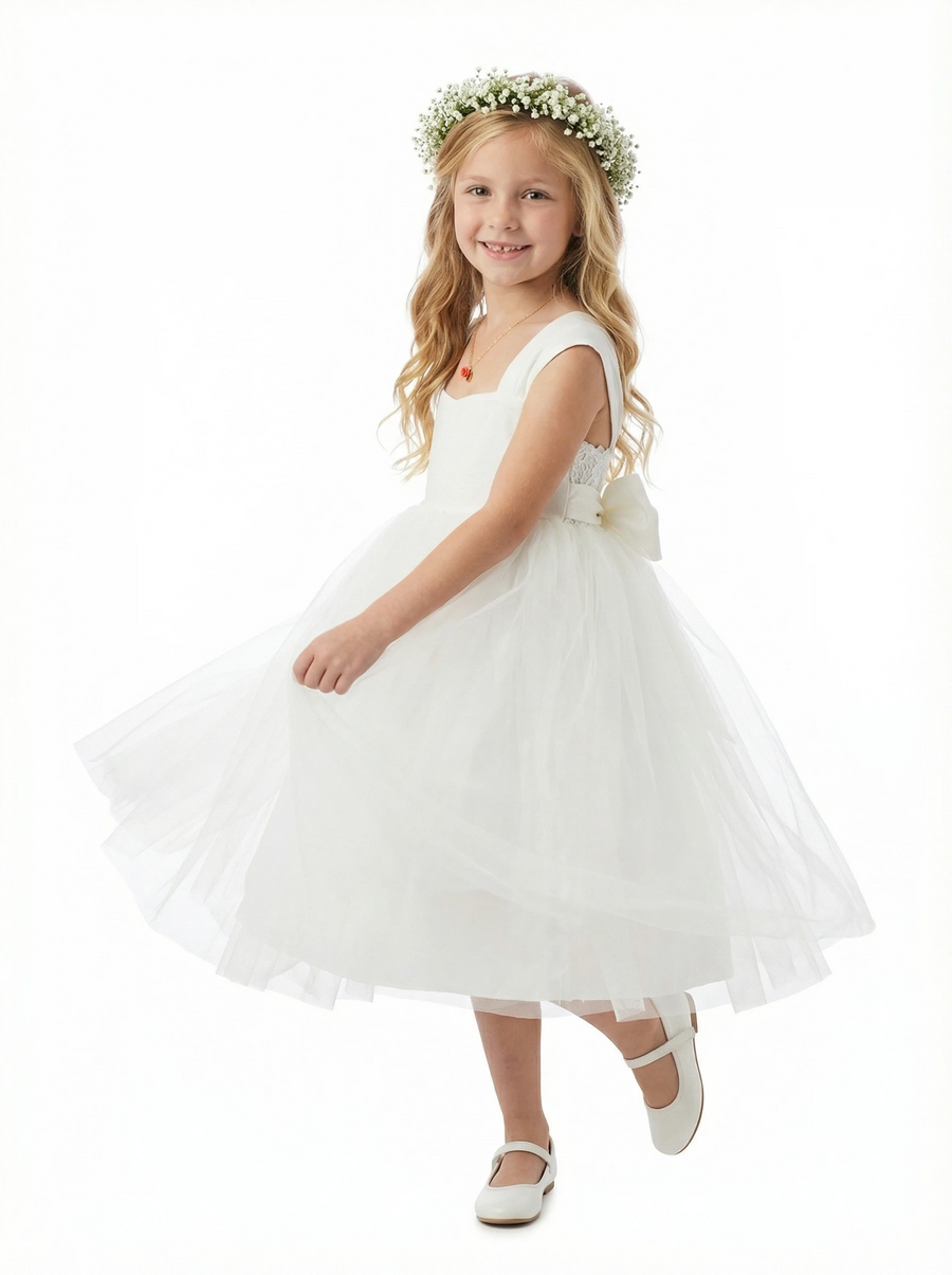 Floral Crown Style Flower Girl Dress Square Neck Tulle A-Line Knee Length Ceremony Gown