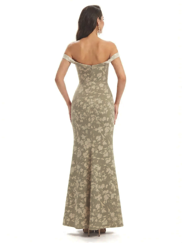 Simple Off Shoulder Mermaid Floral Satin Maxi Floral Formal Dresses For Women