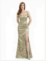 Elegant Off Shoulder Mermaid Side Slit Floral Satin Maxi Floral Formal Dresses For Women