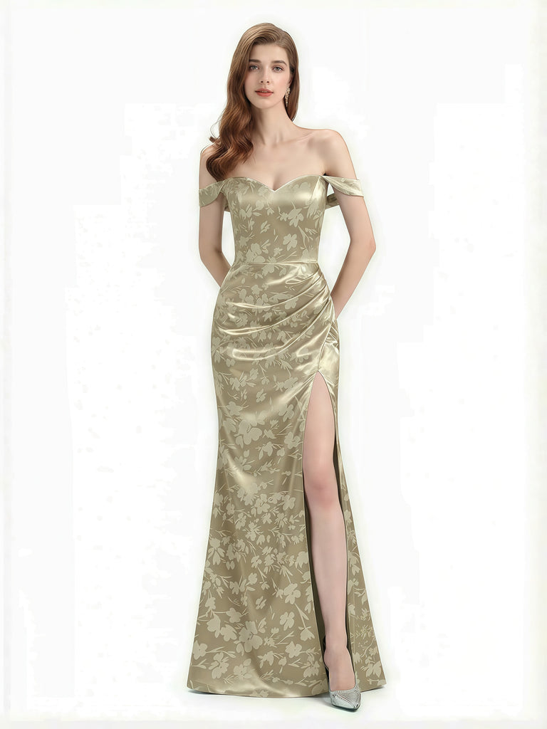 Elegant Off Shoulder Mermaid Side Slit Floral Satin Maxi Floral Formal Dresses For Women