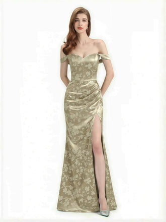 Elegant Off Shoulder Mermaid Side Slit Floral Satin Maxi Floral Formal Dresses For Women
