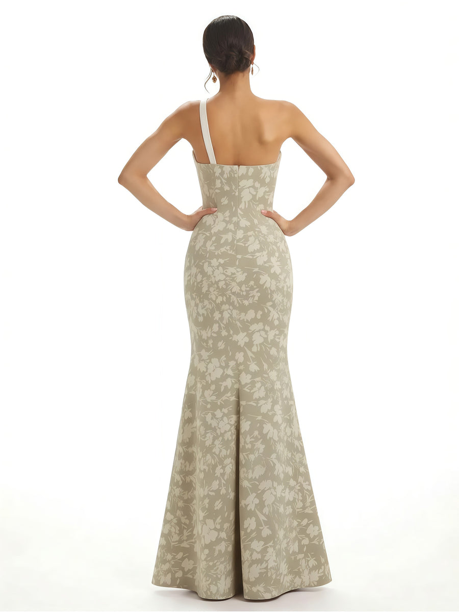Elegant One Shoulder Side Slit Mermaid Floral Satin Maxi Floral Formal Dresses For Women