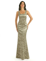 Elegant Spaghetti Straps Square Mermaid Long Satin Floral Formal Evening Dresses For Ladies