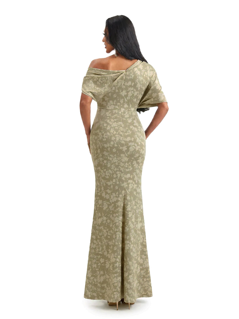 Elegant Half Sleeves Side Slit Mermaid Floral Satin Maxi Floral Formal Dresses For Women