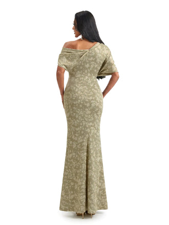 Elegant Half Sleeves Side Slit Mermaid Floral Satin Maxi Floral Formal Dresses For Women