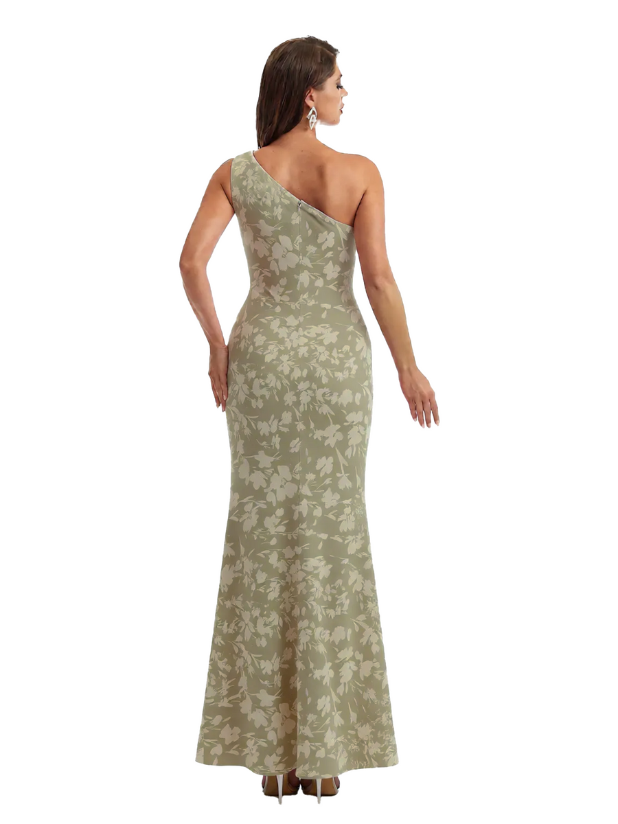 Simple One Shoulder Side Slit Mermaid Floral Satin Maxi Floral Formal Dresses For Women