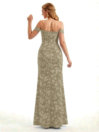 Beautiful Off Shoulder Side Slit Mermaid Floral Satin Maxi Floral Formal Dresses For Women