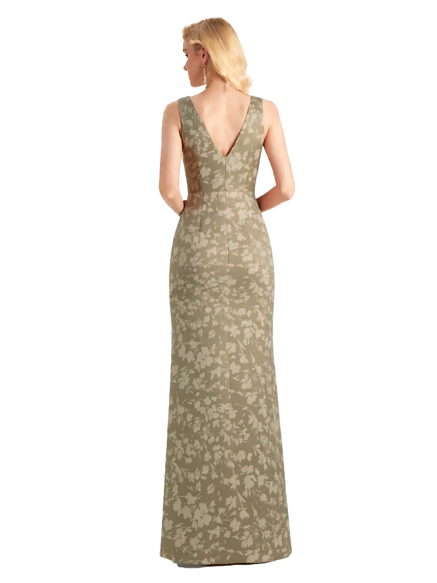 Beautiful Mermaid V-Neck Floral Satin Maxi Floral Formal Dresses For Women