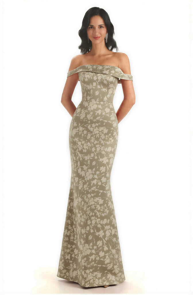 Trendy Off Shoulder Mermaid Floral Satin Maxi Floral Evening Formal Dresses