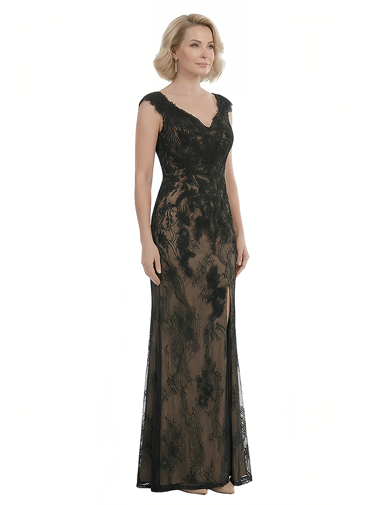 Chicsew V-Neck Cap Sleeve Lace Sheath Floor Length Fancy Mother of the Bride Dresses