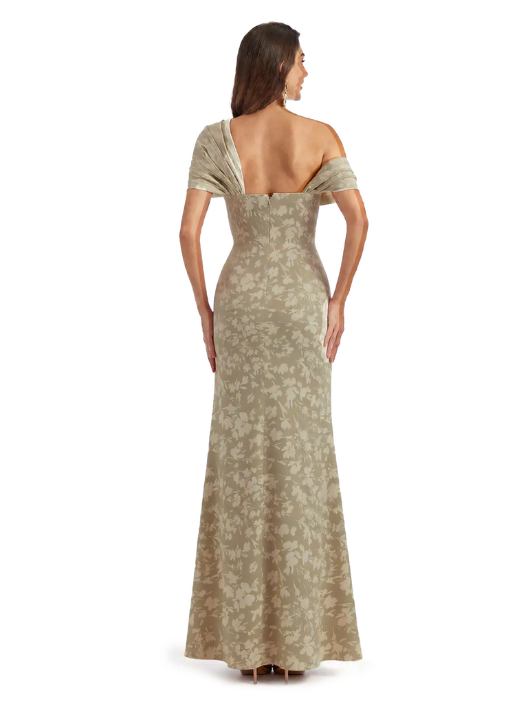 Elegant Asymmetrical Side Slit Mermaid Long Satin Floral Formal Dresses For Women