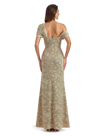 Elegant Asymmetrical Side Slit Mermaid Long Satin Floral Formal Dresses For Women