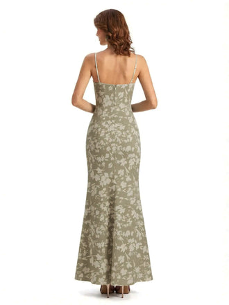 Simple One Shoulder Side Slit Sleeveless Mermaid Floral Satin Maxi Floral Formal Dresses For Women