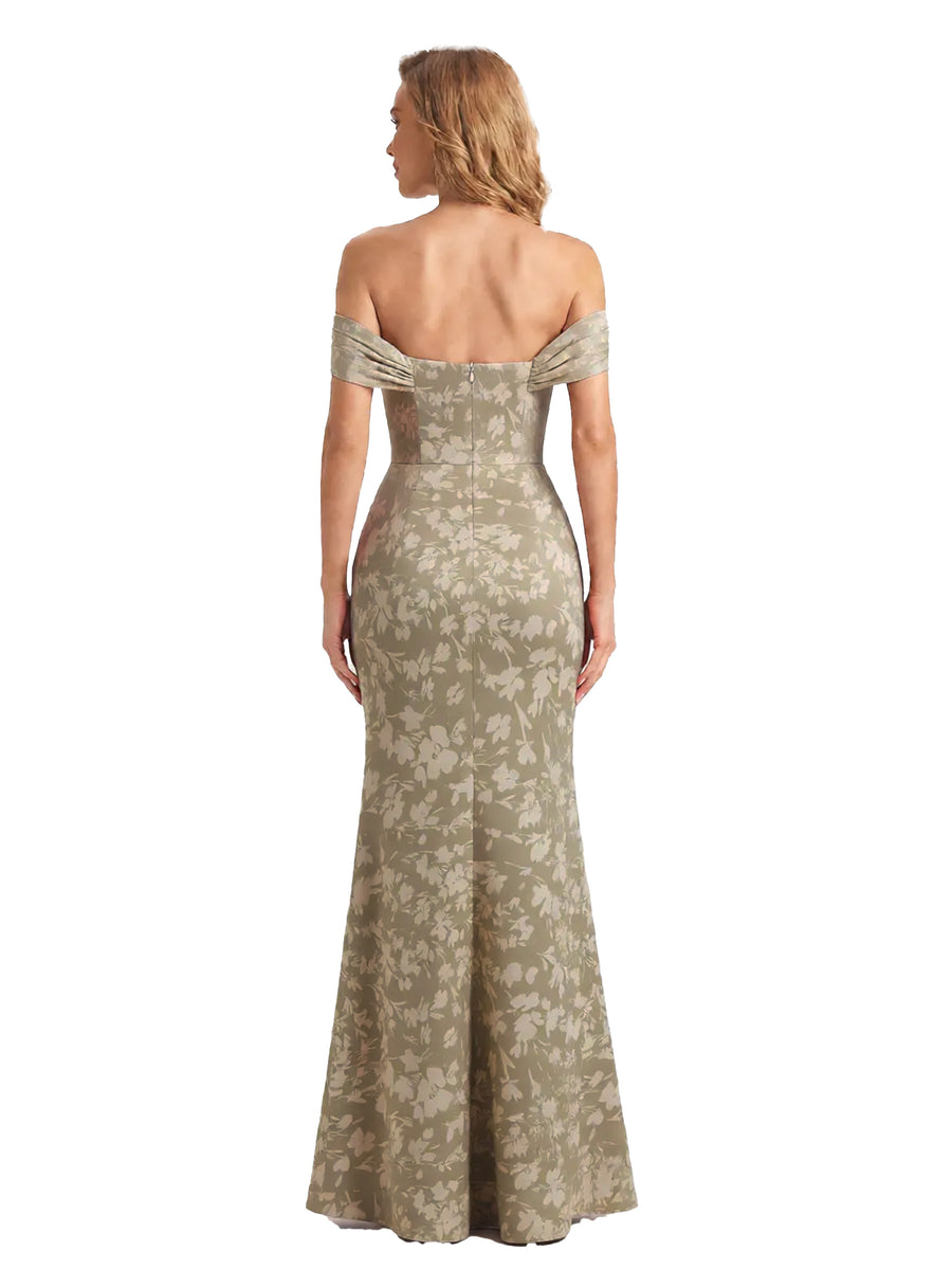 Trendy Off Shoulder Side Slit Mermaid Long Satin Floral Formal Evening Dresses For Ladies