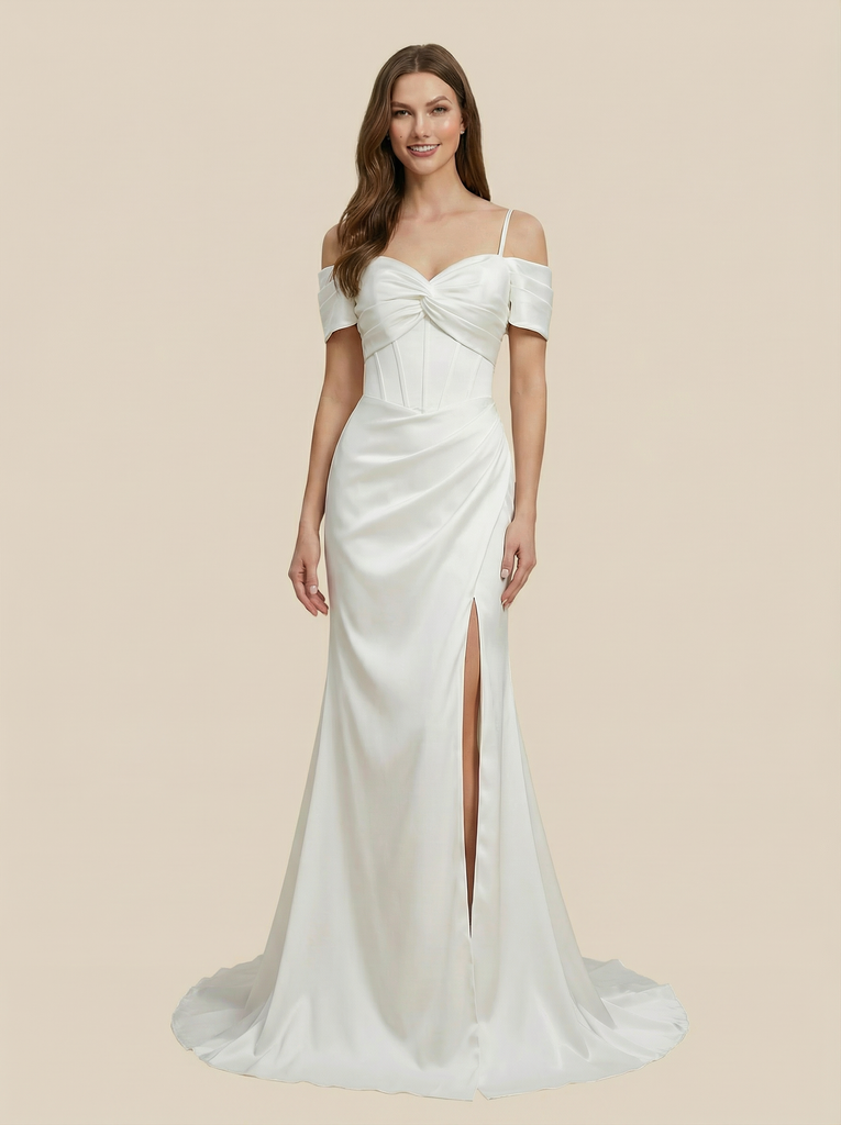 Mermaid Off Shoulder Side Slit Maxi Long Satin Wedding Dresses Online