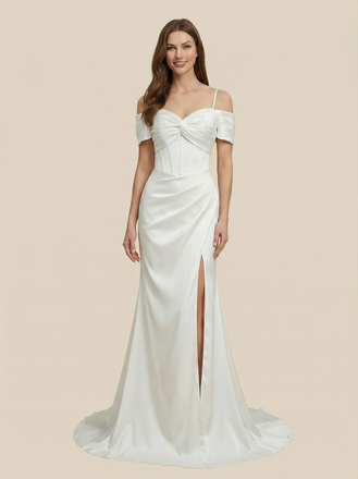 Mermaid Off Shoulder Side Slit Maxi Long Satin Wedding Dresses Online