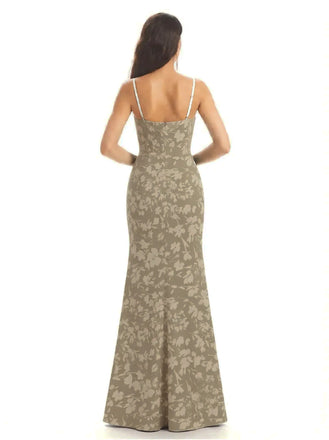 Elegant Spaghetti Straps Side Slit Mermaid Floral Satin Maxi Floral Formal Dresses For Women