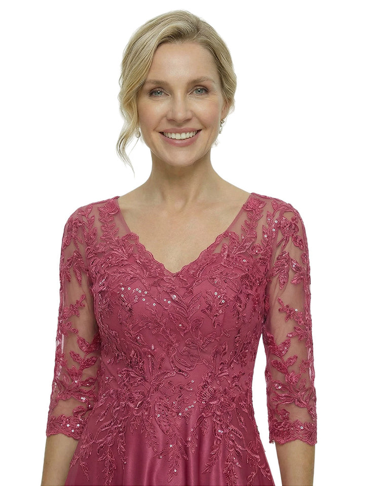 Chicsew Elegant Lace TOP 3/4 Sleeve Ruched Satin A-Line Mother of The Bride Dresses