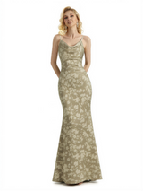 Sexy Jewel Spaghetti Straps Mermaid Long Satin Floral Formal Dresses For Women