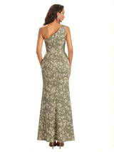 Elegant One Shoulder Mermaid Side Slit Floral Satin Maxi Floral Formal Dresses For Women