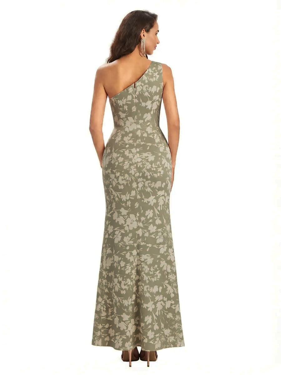 Elegant One Shoulder Mermaid Side Slit Floral Satin Maxi Floral Formal Dresses For Women