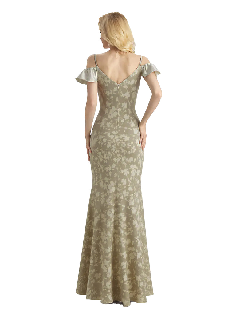 Beautiful Mermaid Cold Shoulder Floral Satin Maxi Floral Formal Dresses For Women