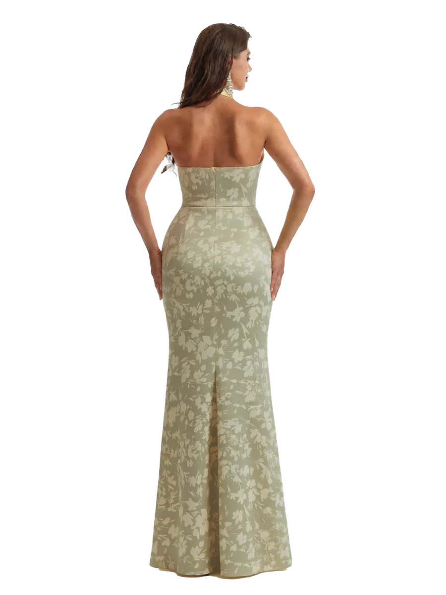 Simple Halter Side Slit Mermaid Floral Satin Maxi Floral Formal Dresses For Women