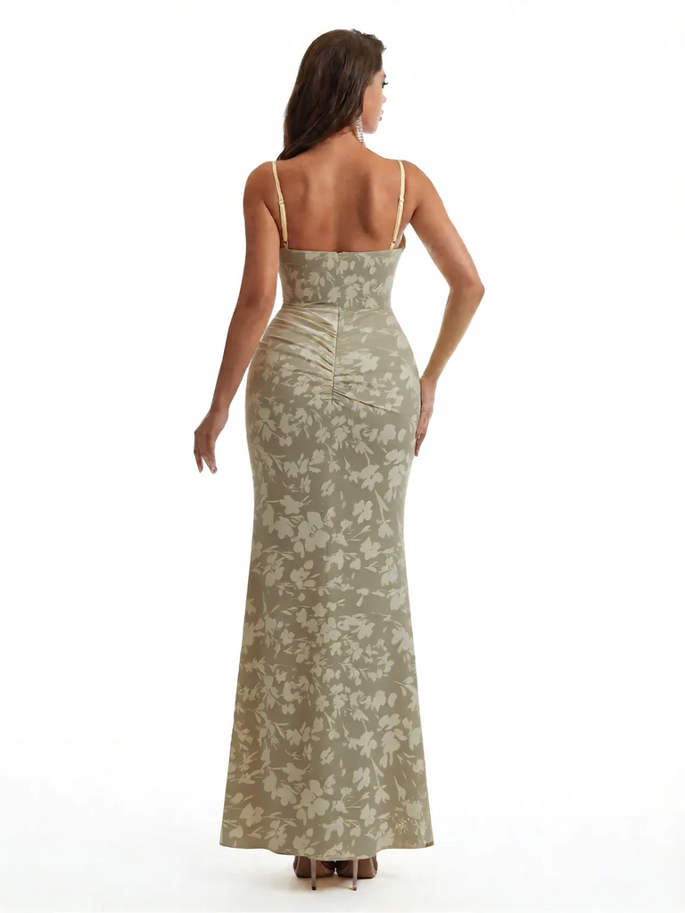 Simple Spaghetti Straps Slit Mermaid Floral Satin Maxi Floral Formal Dresses For Women