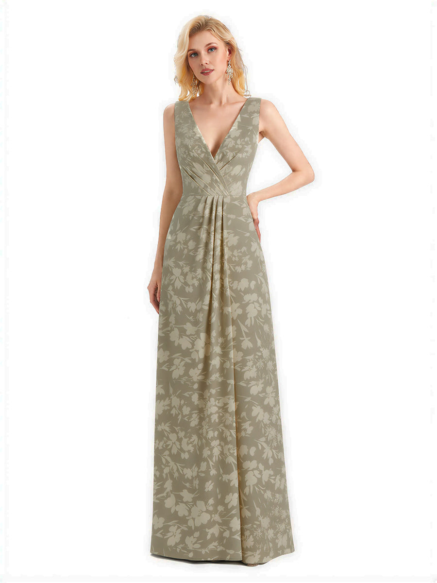 Beautiful V-Neck Mermaid Floral Satin Maxi Floral Formal Dresses For Women