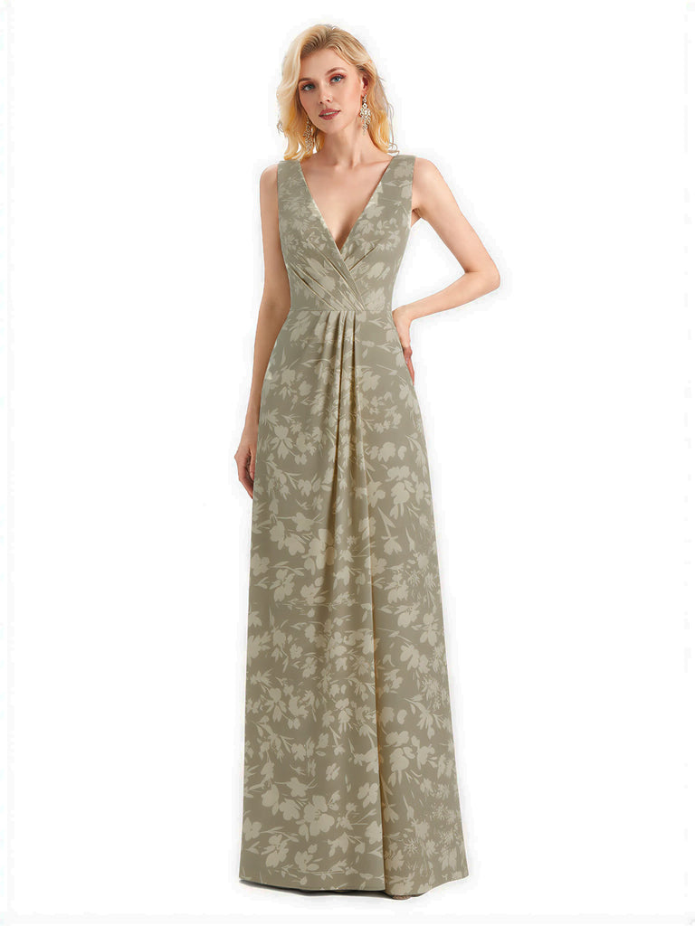 Beautiful V-Neck Mermaid Floral Satin Maxi Floral Formal Dresses For Women