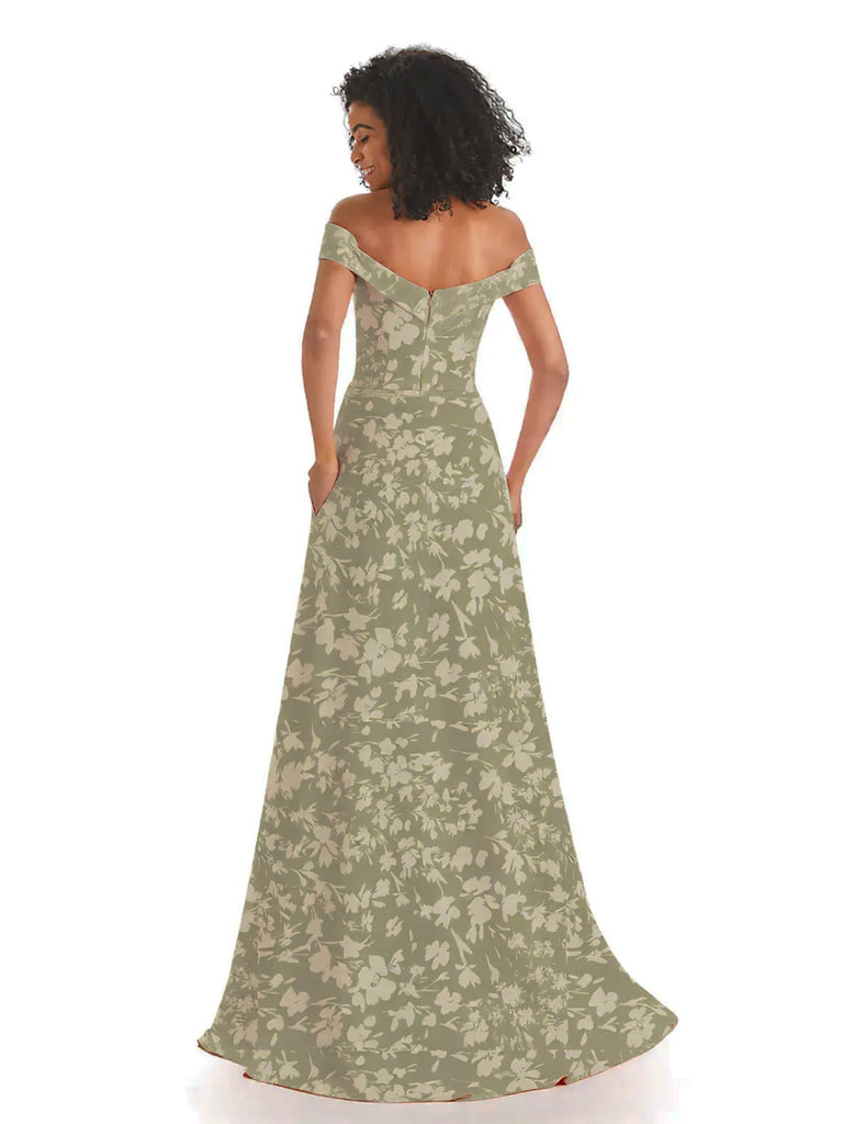 Trendy Off Shoulder A-Line Long Floral Satin Women Formal Evening Dresses