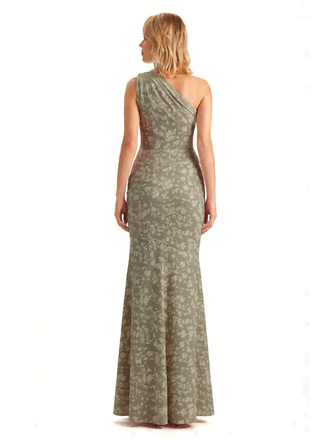 Sexy One Shoulder Side Slit Mermaid Long Satin Floral Formal Dresses For Women