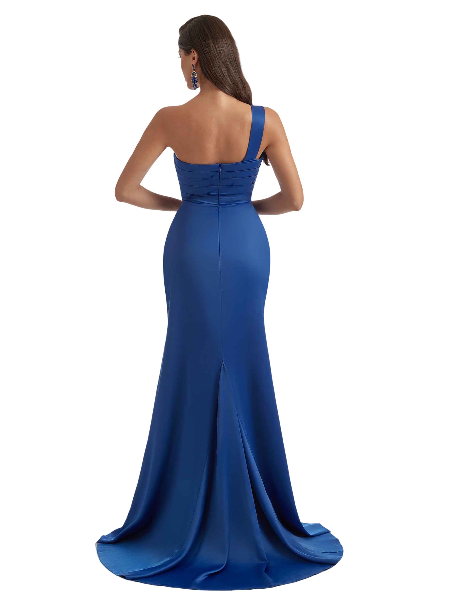 Sexy One Shoulder Mermaid Pleated Silky Satin Long Bridesmaid Dresses Side Slit