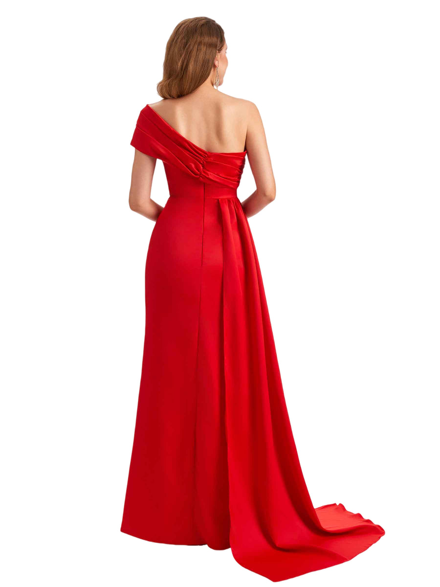 Sexy Soft Satin Mermaid One Shoulder Side Slit Pretty Long Bridesmaid Dresses Online