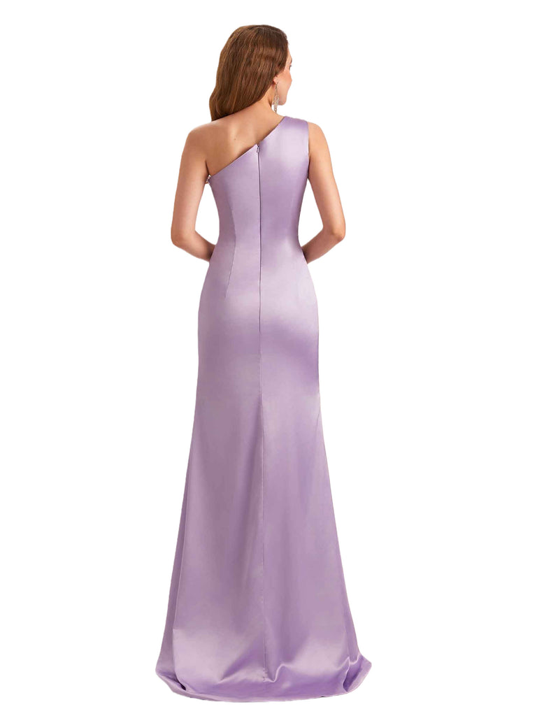 Sexy Soft Satin One Shoulder Mermaid Side Slit Simple Long Bridesmaid Dresses