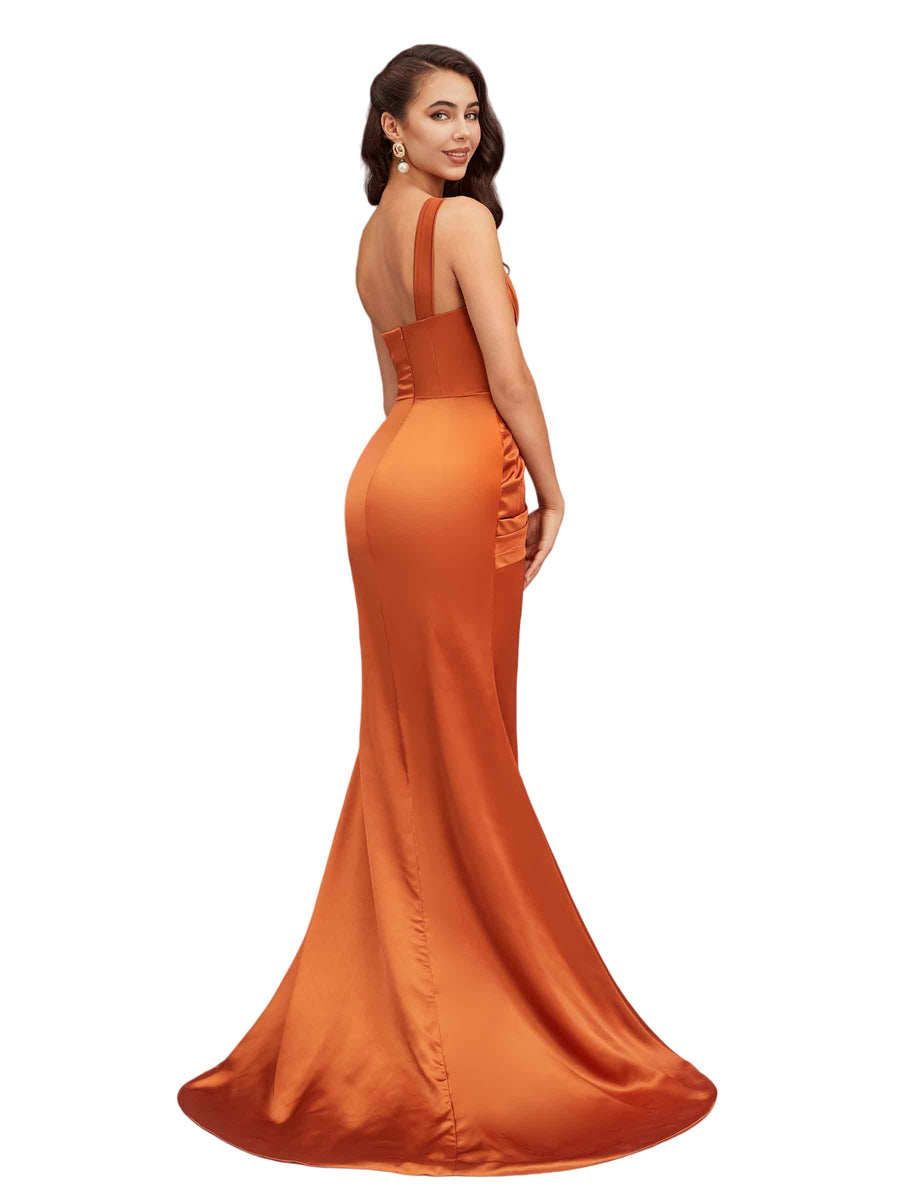 Sexy Mermaid One Shoulder Side Slit Beauty Long Soft Satin Bridesmaid Dresses Online