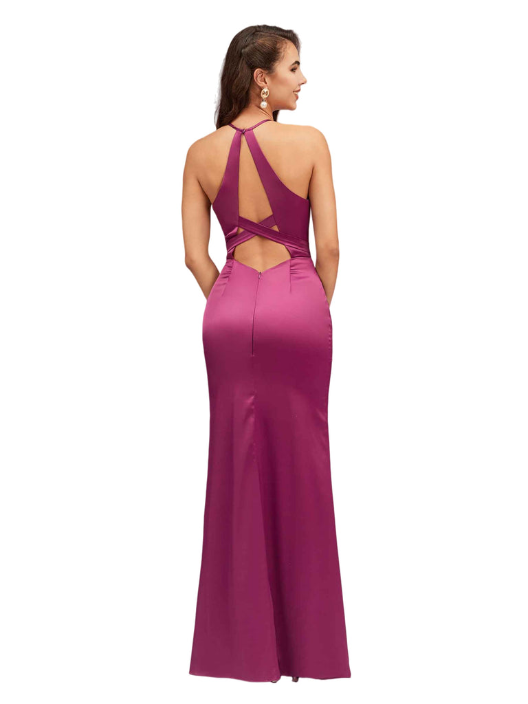 Sexy Halter Soft Satin Mermaid Side Slit Long Bridesmaid Dresses Online