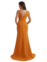 Sexy Side Slit Asymmetric Straps V-Neck Mermaid Crepe Long Bridesmaid Dress For Wedding