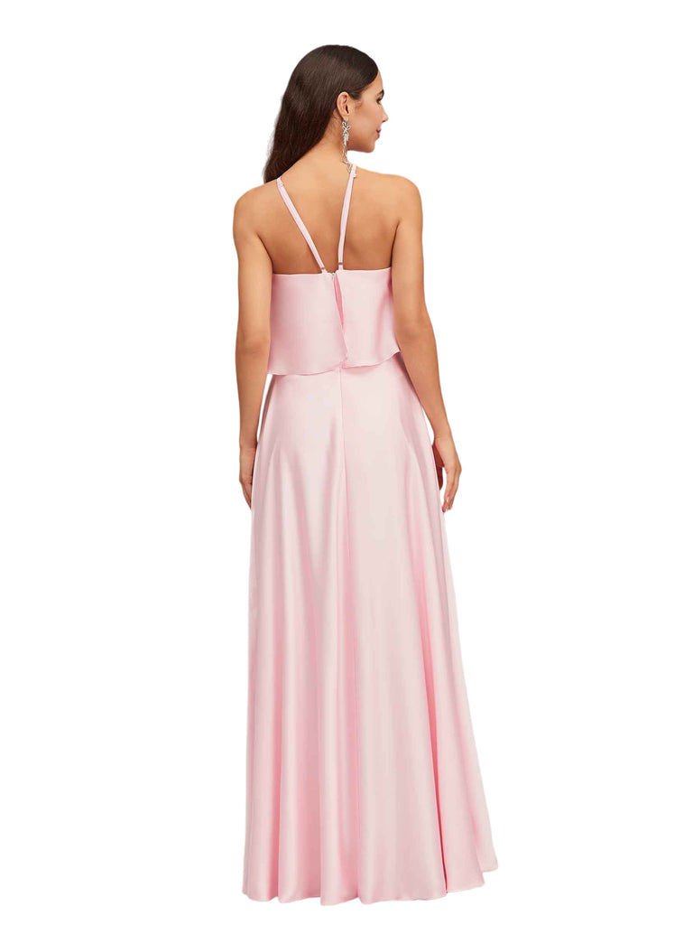 Elegant Halter Spaghetti Straps Soft Satin A-Line Long Bridesmaid Dresses