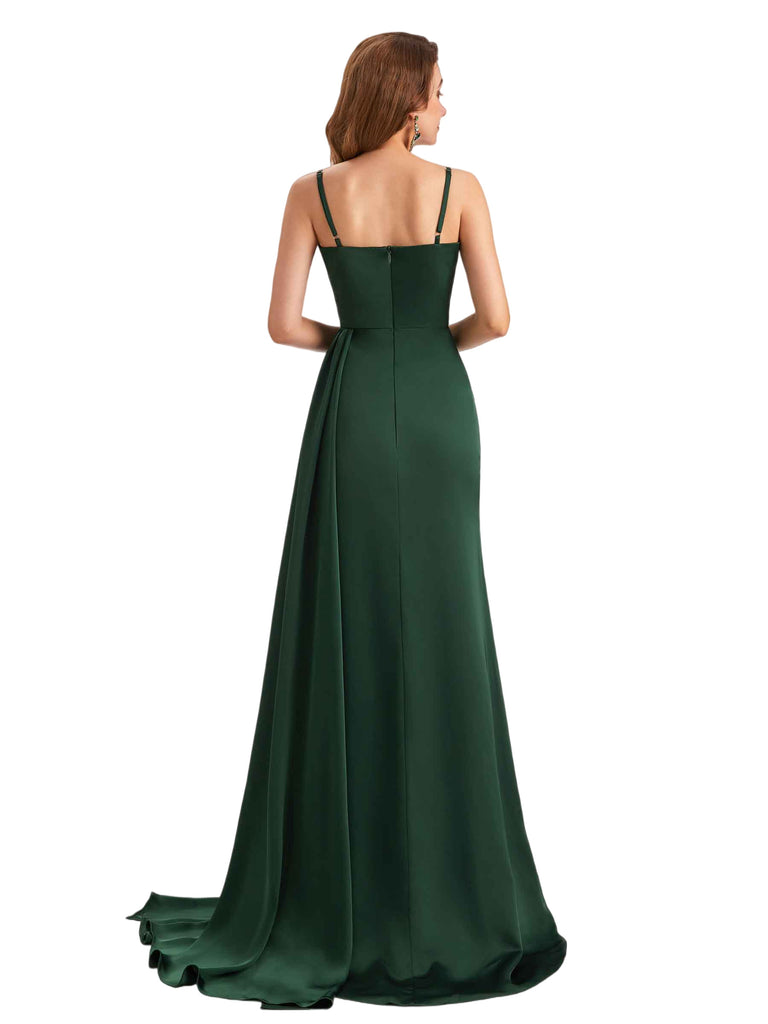 Sexy Pleated Satin Spaghetti Straps Mermaid Side Slit Long Bridesmaid Dresses Online