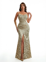 Simple Spaghetti Straps Slit Mermaid Floral Satin Maxi Floral Formal Dresses For Women