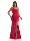 Sexy One Shoulder Ruched Satin Mermaid Formal Satin Floor Length Evening Dresses Slit
