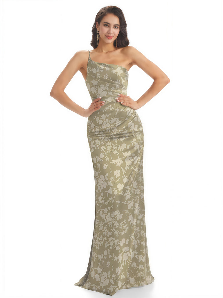 Elegant One Shoulder Mermaid Long Satin Floral Formal Dresses For Women