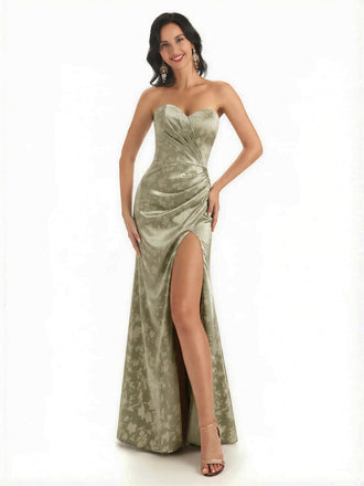 Sexy Sweetheart Side Slit Mermaid Long Satin Floral Formal Dresses For Women