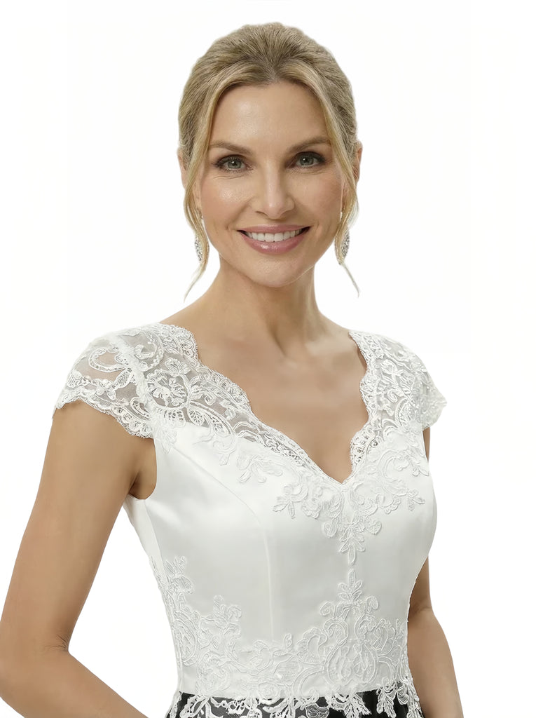 Elegant Black And White Satin V-Neck A-Line Cap Sleeves Ankle-Length Mother Of The Bride Dresses