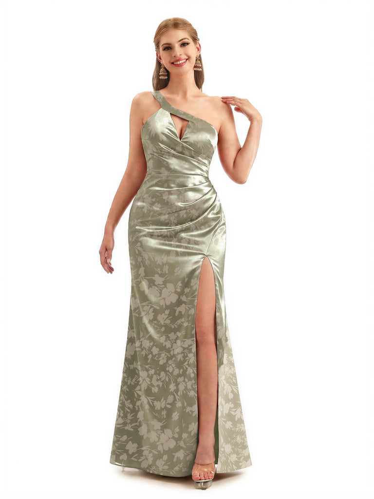 Beautiful One Shoulder Side Slit Mermaid Floral Satin Maxi Floral Formal Dresses For Women