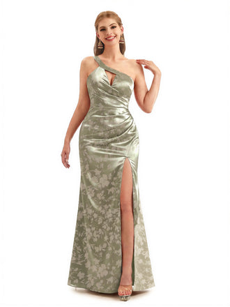 Beautiful One Shoulder Side Slit Mermaid Floral Satin Maxi Floral Formal Dresses For Women
