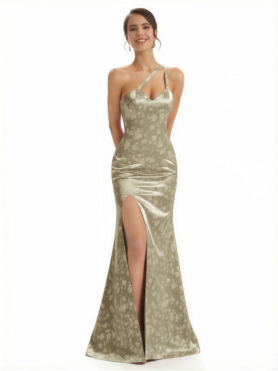 Elegant One Shoulder Side Slit Mermaid Floral Satin Maxi Floral Formal Dresses For Women