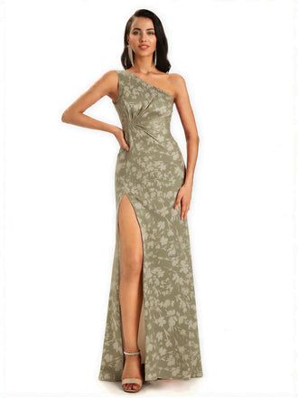 Elegant One Shoulder Mermaid Side Slit Floral Satin Maxi Floral Formal Dresses For Women