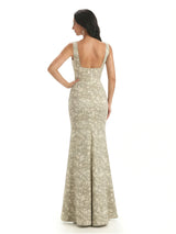 Elegant Spaghetti Straps Square Mermaid Long Satin Floral Formal Evening Dresses For Ladies